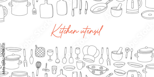 Kitchen utensils banner. Kitchenware and cutlery horizontal background. Cooking tools, appliances, kitchenware, utensil. Vector illustration.