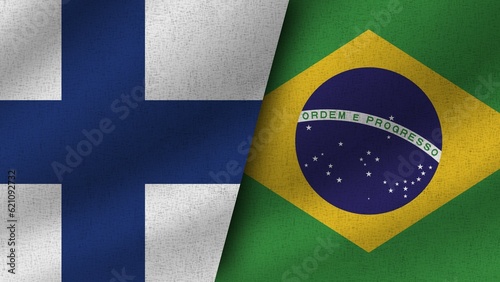 Brazil and Finland Realistic Two Flags Together, 3D Illustration