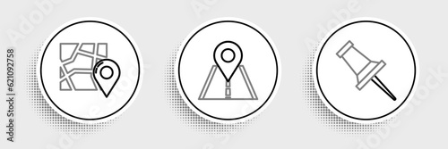 Set line Push pin, Folded map with location marker and Road traffic sign icon. Vector