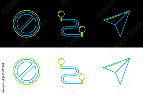 Set line Paper airplane, Stop sign and Route location icon. Vector