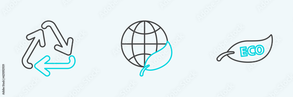 Set line Leaf Eco symbol, Recycle and Earth globe and leaf icon. Vector Set line Leaf Eco symbol, Recycle and Earth globe and leaf icon. Vector