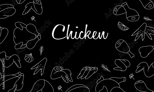 Chicken meats horizontal outline banner. Butcher shop. Whole chicken, brisket wing, carcass, fillet, ham, leg, breast, shank, drumstick.