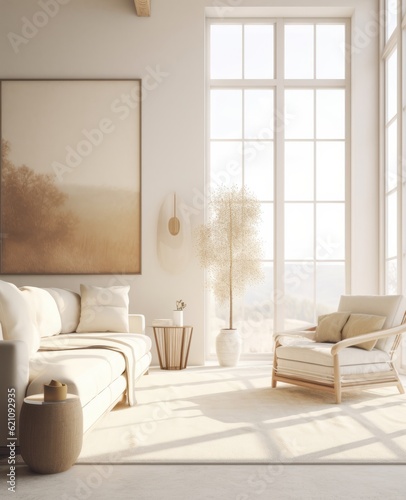 3d rendering minimalist living room with wooden chairs and sofa  picture on the wall