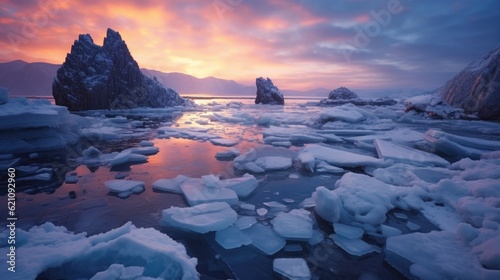 Ogoy Island during the winter Baikal lake with shattered blue ice that is translucent. Baikal, Russias Siberia. Sunset over a beautiful winter landscape.