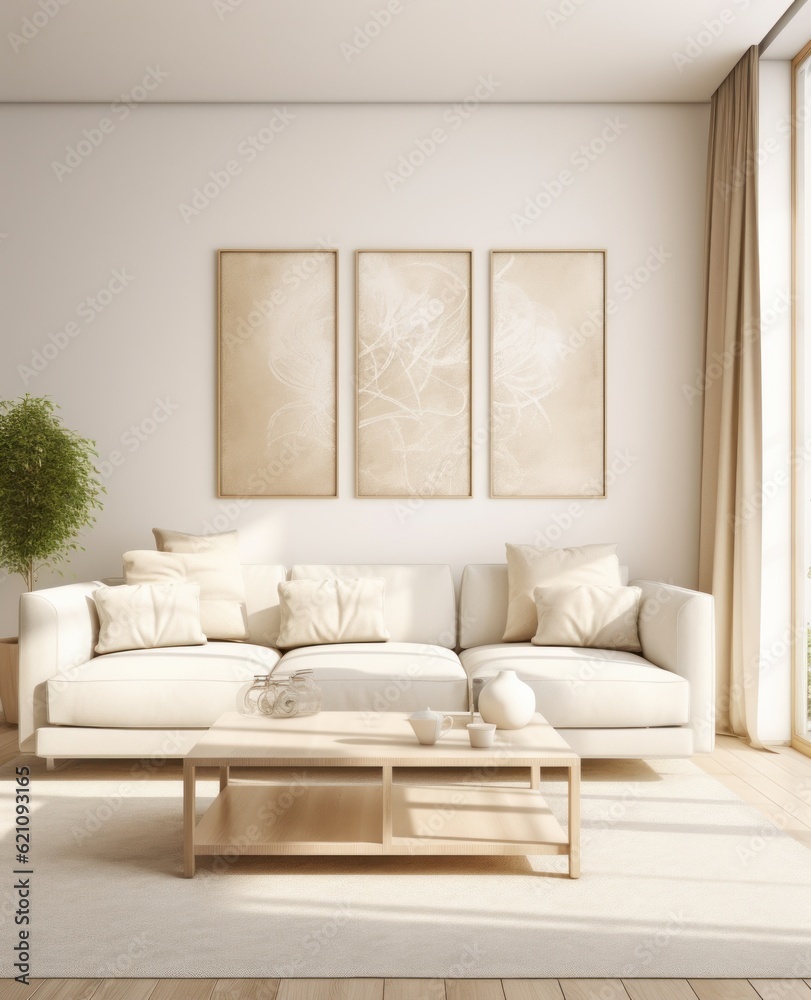Fototapeta premium living room with a couch and paintings on the wall