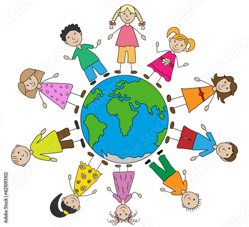 Group of happy kids around planet earth, hand drawn style. Color preschool children. Childhood and friendship. Vector illustration