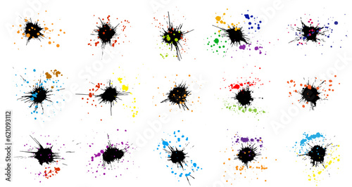 Black ink blots with colored drops  set. Vector illustration