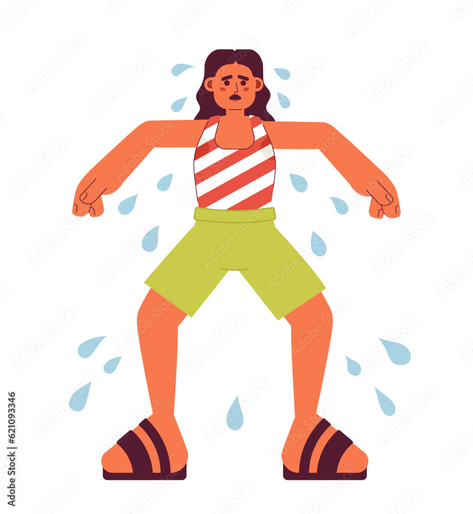 Excessive sweating in summer flat concept vector spot illustration. Overheated woman with sweaty underarms 2D cartoon character on white for web UI design. Isolated editable creative hero image Excessive sweating in summer flat concept vector spot illustration. Overheated woman with sweaty underarms 2D cartoon character on white for web UI design. Isolated editable creative hero image