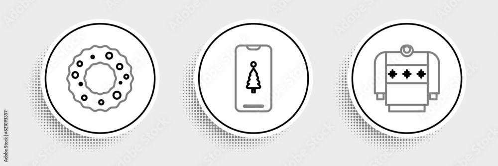 Set line Christmas sweater, wreath and Smartphone with gift box icon. Vector Set line Christmas sweater, wreath and Smartphone with gift box icon. Vector