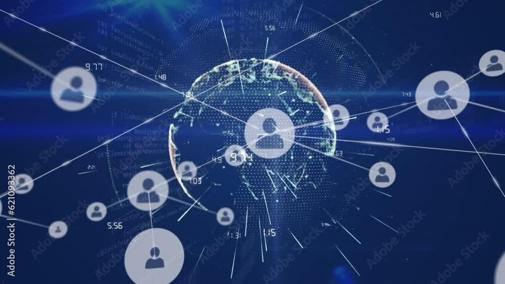 Animation of network of profile icons against light trails over spinning globe and data processing Animation of network of profile icons against light trails over spinning globe and data processing