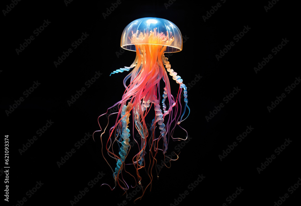 Vibrant jellyfish in the dark, with black background