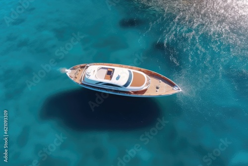 A drone captures a Greek luxury boat with a hardwood deck docked in the Aegean Sea with crystal-clear water. © 2rogan