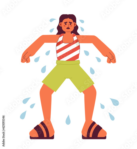 Excessive sweating in summer flat concept vector spot illustration. Overheated woman with sweaty underarms 2D cartoon character on white for web UI design. Isolated editable creative hero image