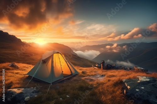camping tent high in the mountains at sunset. banner with copy space. generative AI © MOUNSSIF