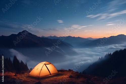camping tent high in the mountains at sunset. banner with copy space. generative AI © MOUNSSIF