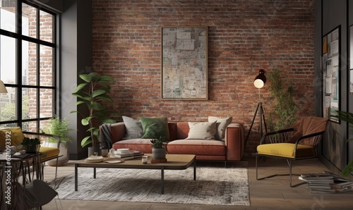 Modern house interior with designer cafe sofa, brick walls, tables and accessories. plants in the room Abstract painting. © santiago