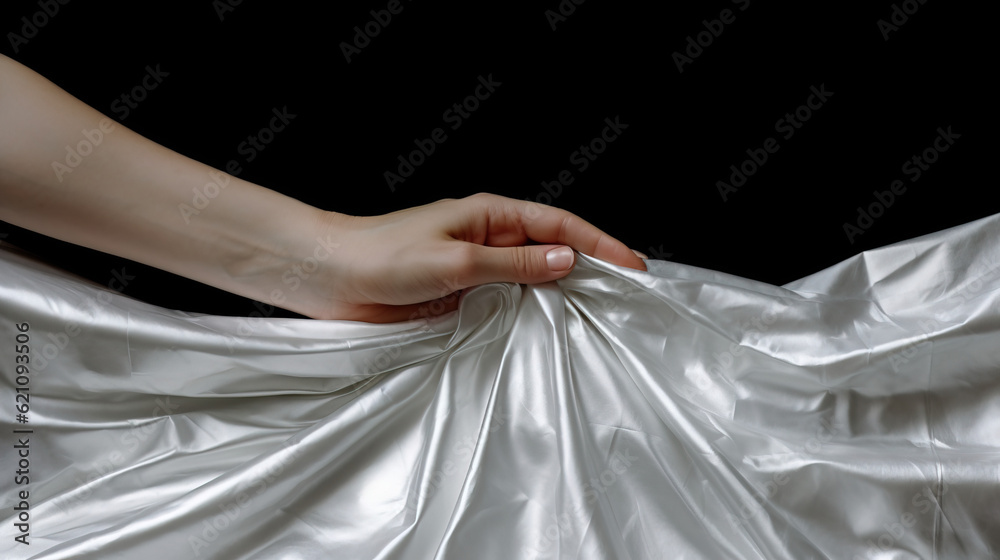 A hand holding a silver satin cloth, with a black background A hand holding a silver satin cloth, with a black background