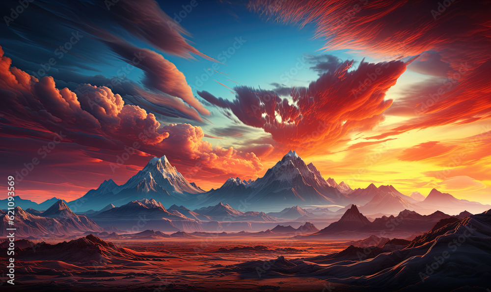 A vibrant and colorful landscape with mountains and moving clouds, sunset in a dry terrain