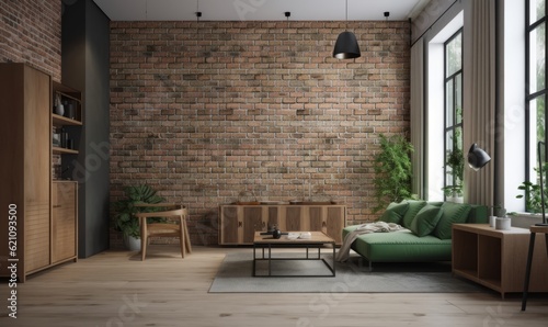 modern living room interior with green sofa plants brick wall small table