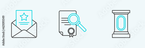 Set line Stage stand or debate podium rostrum, The arrest warrant and Document with search icon. Vector