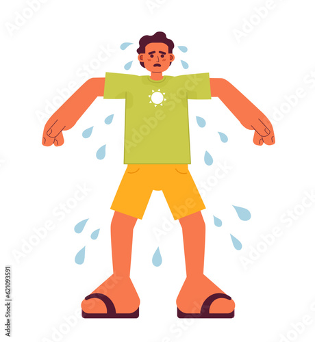 Sweating outdoors in summertime flat concept vector spot illustration. Sad man with sweaty armpits 2D cartoon character on white for web UI design. Summer heat isolated editable creative hero image