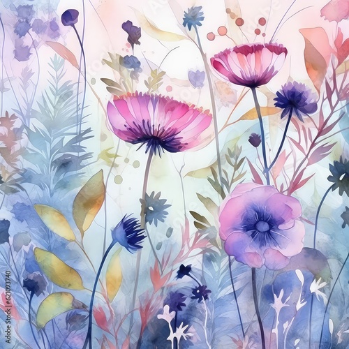 Wallpaper Mural Beautiful abstract wild watercolor flowers, leaves and grass. abstract floral background in watercolor style,purple cosmos flower, violet, wildflower. Wild flowers  Torontodigital.ca
