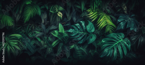 Tropical green leaves on dark background  nature summer forest plant