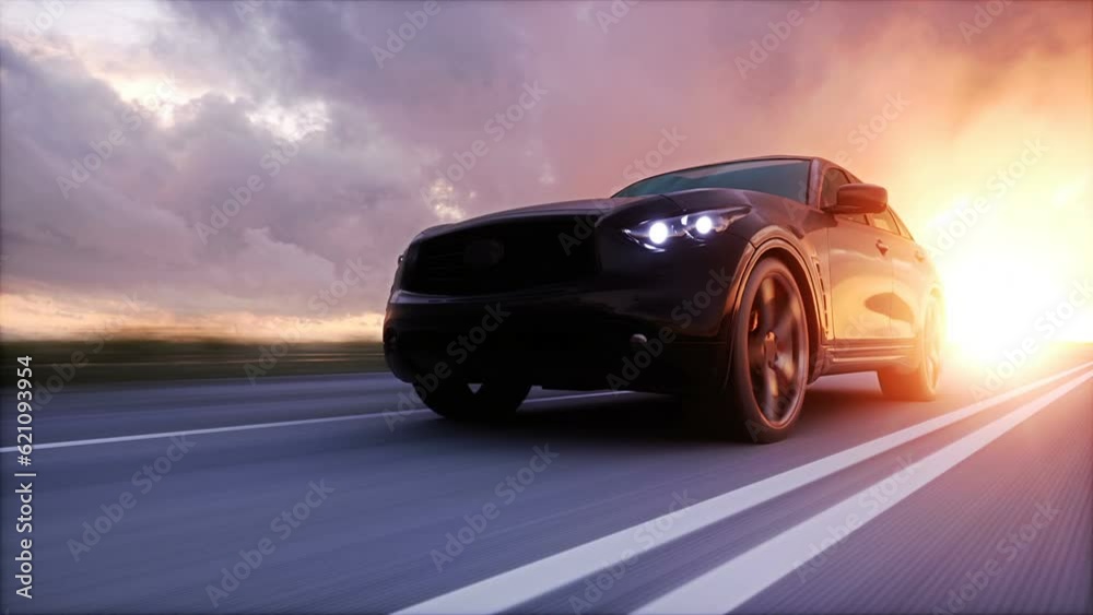 Luxury black car on highway. Very fast driving. Luxury black car on highway. Very fast driving.