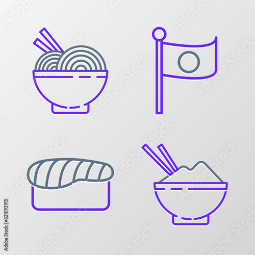 Set line Rice in a bowl with chopstick, Sushi, National flag of Japan on pole and Asian noodles and chopsticks icon. Vector