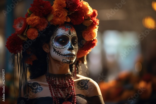 Dia de los muertos. Day of The Dead. Woman with sugar skull makeup on a floral background. Calavera Catrina. Halloween. © nuclear_lily