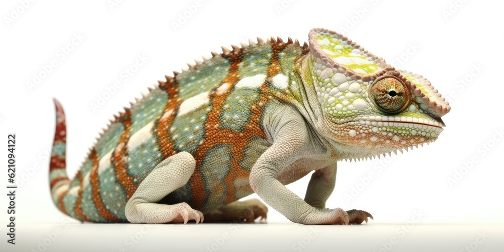Fototapeta premium Jacksons horned chameleon Trioceros jacksonii frontal profile against white