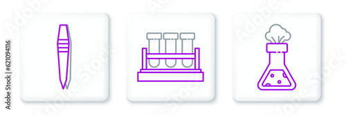 Set line Test tube and flask chemical, Tweezers and icon. Vector