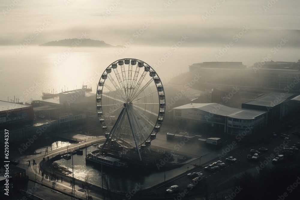 amusement fair near a lake and cloudy day