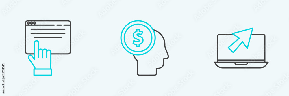 Set line Laptop and cursor, Online shopping on screen and Business man planning mind icon. Vector Set line Laptop and cursor, Online shopping on screen and Business man planning mind icon. Vector
