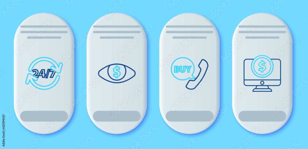 Set line Eye with dollar, Phone and speech bubble Buy, Clock 24 hours and Computer monitor icon. Vector