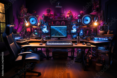 A futuristic music studio with neon color, a mixing console, and instruments that glow in rhythm with the music