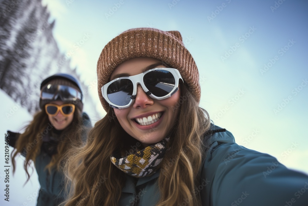 Portrait of group of friends with skis and snowboards on winter holidays. Generative ai image Portrait of group of friends with skis and snowboards on winter holidays. Generative ai image