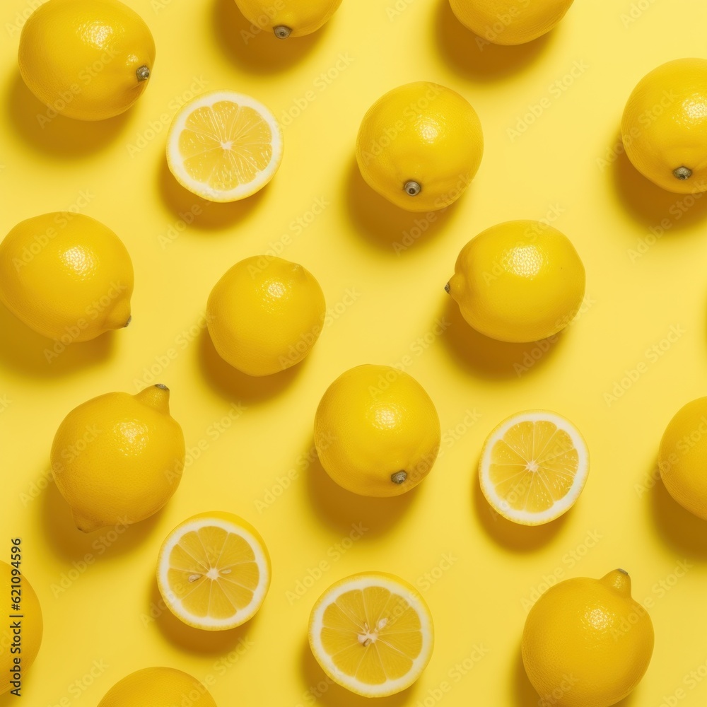 open and raw yellow lemons on yellow background