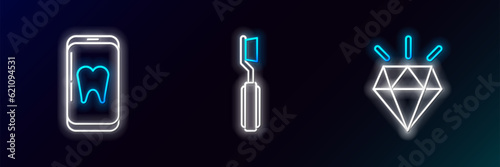 Set line Diamond teeth, Online dental care and Toothbrush icon. Glowing neon. Vector