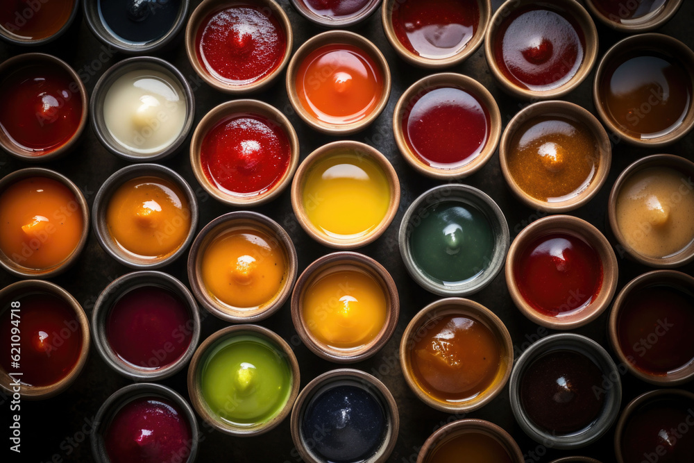 Set of different bowls of various dip sauces. Top view. Generative AI Set of different bowls of various dip sauces. Top view. Generative AI