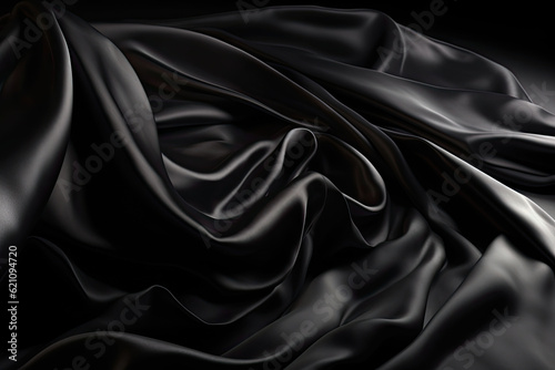 Abstract black smooth silk background. Satin elegant luxury fabric. Beautiful soft folds on the surface of the fabric. Generative AI