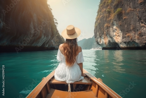 Tourist woman in dress relaxing on boat at the beautiful islands, back view. Generative AI © barmaleeva