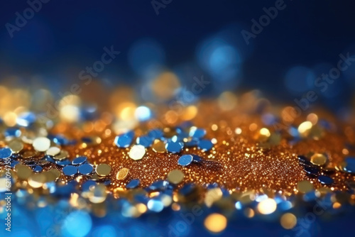 Glitter shiny golden and blue defocused background. Magic gold dust and glare. Generative AI