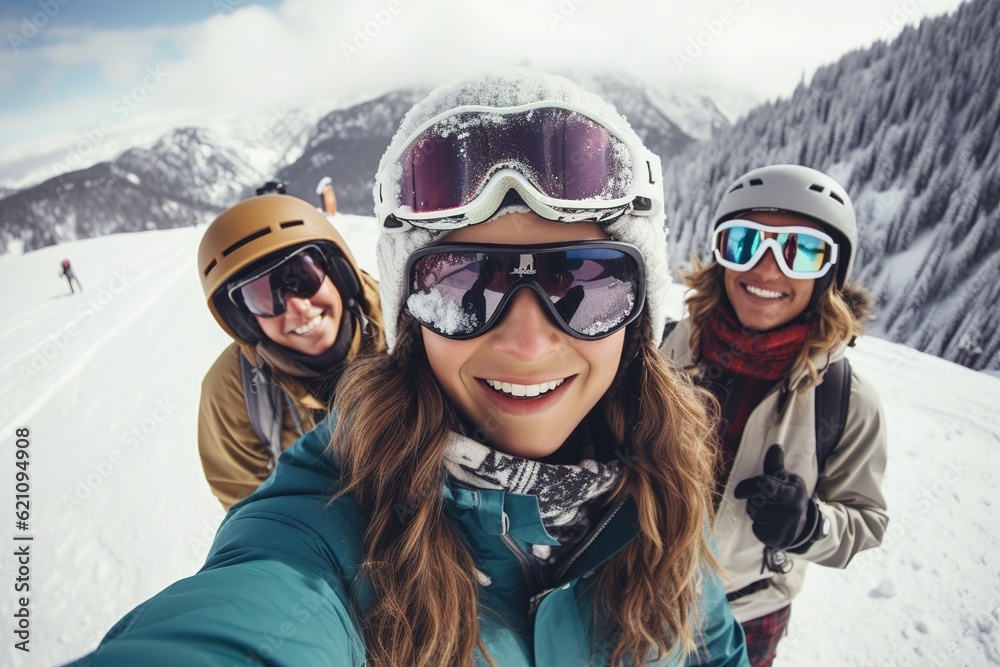 Portrait of group of friends with skis and snowboards on winter holidays. Generative ai image