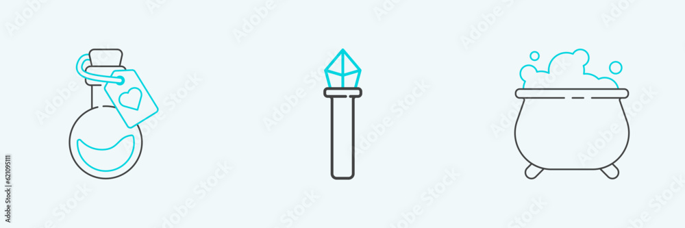 Set line Witch cauldron, Bottle with love potion and Magic staff icon. Vector Set line Witch cauldron, Bottle with love potion and Magic staff icon. Vector
