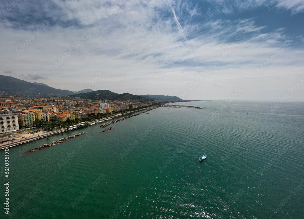 aerial view from the drone of the beautiful gulf of Salerno with its promenade