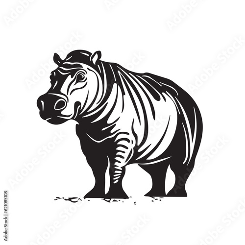 Hippo in icon  logo style. Cut doodle. cartoon image. 2d vector illustration. Black and white