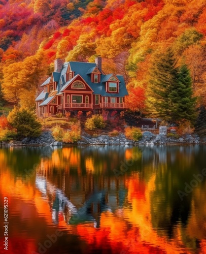 country house near a lake in autumn season