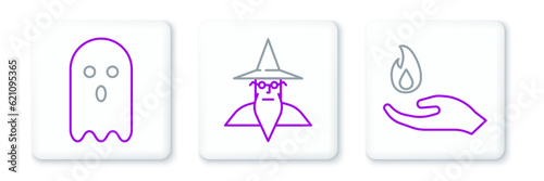 Set line Hand holding a fire, Ghost and Wizard warlock icon. Vector