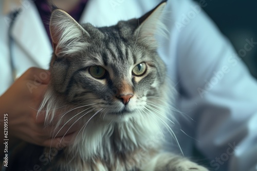 Adult fluffy Maine Coon cat at veterinarian's medical examination. Pet health closeup concept. Sick animal in a veterinary clinic. Vet stroking domestic cat before procedure © ratatosk